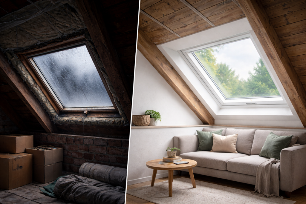 Dachfenster austauschen – Dachraum vor der Modernisierung und heller Wohnraum mit neuem Dachfenster