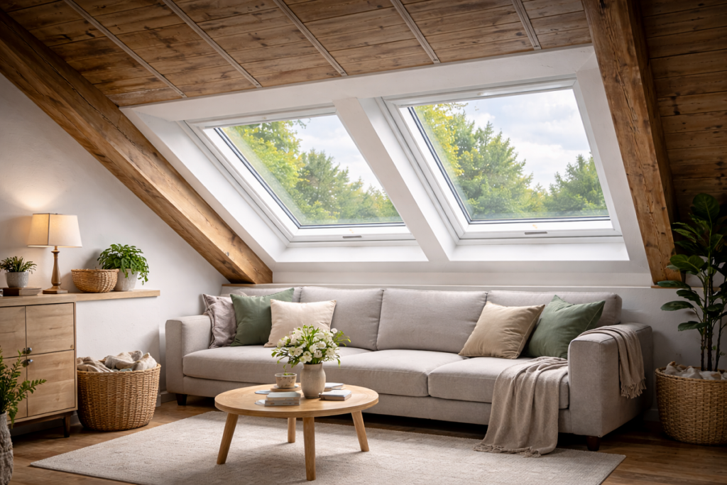 Zwei moderne Dachfenster in einem ausgebauten hellen Dachgeschoss