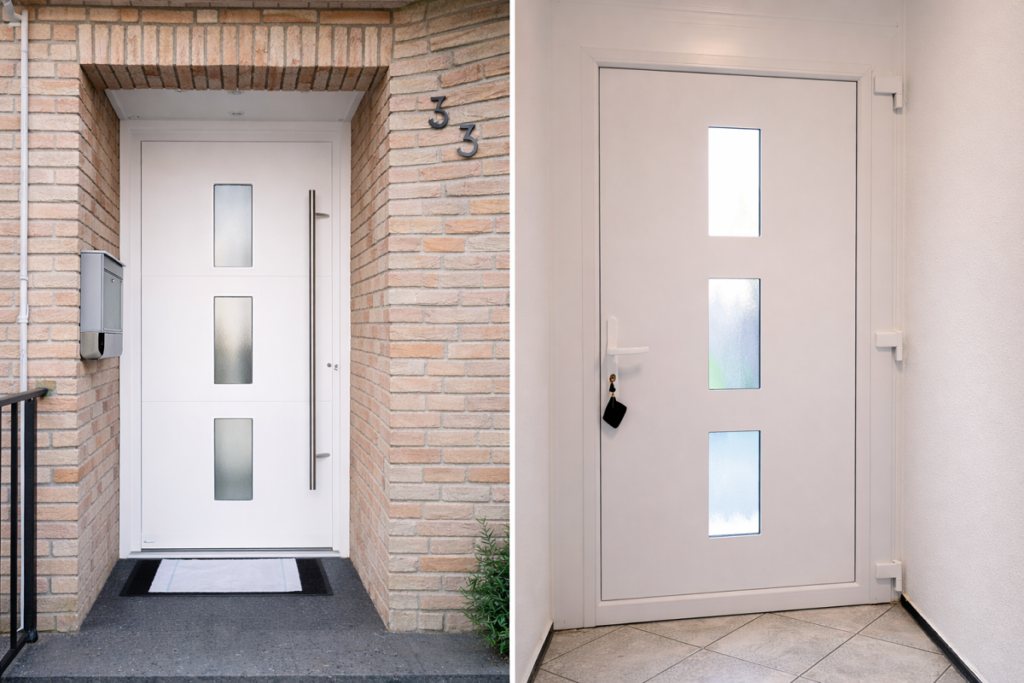 Moderne anthrazitfarbene Haustüren mit Edelstahlgriffen