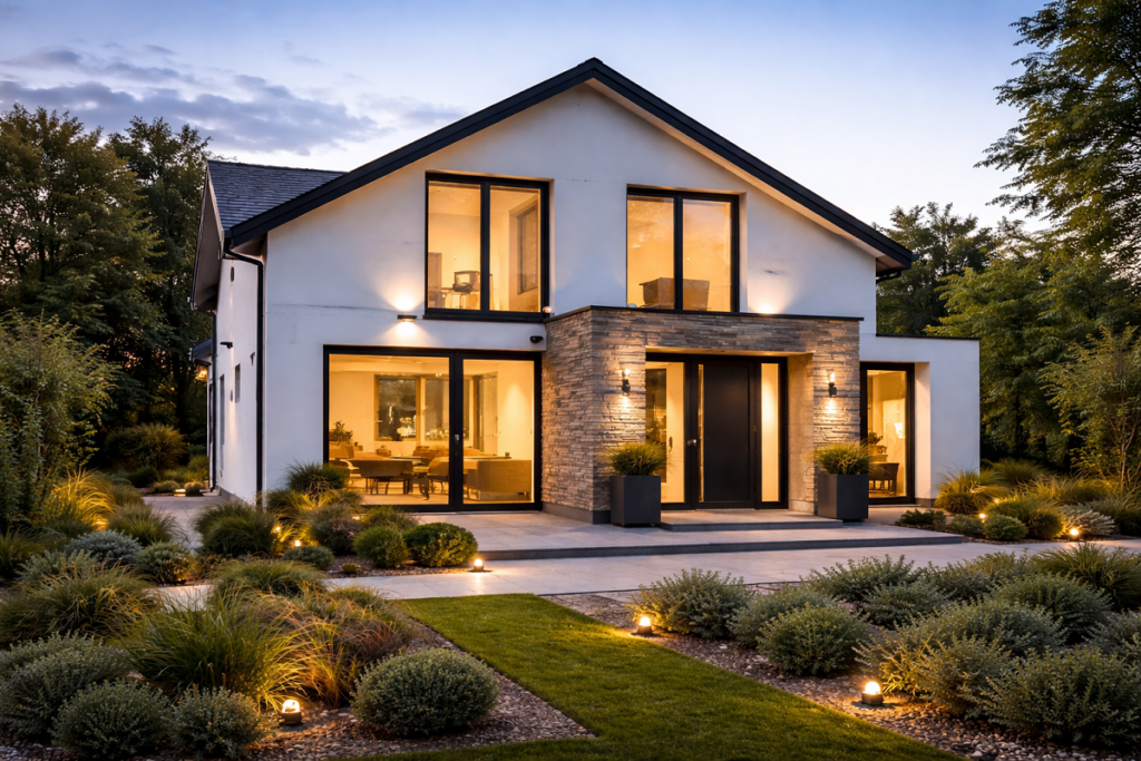 Modernisiertes Wohnhaus mit neuen Fenstern, Haustür und Sonnenschutz