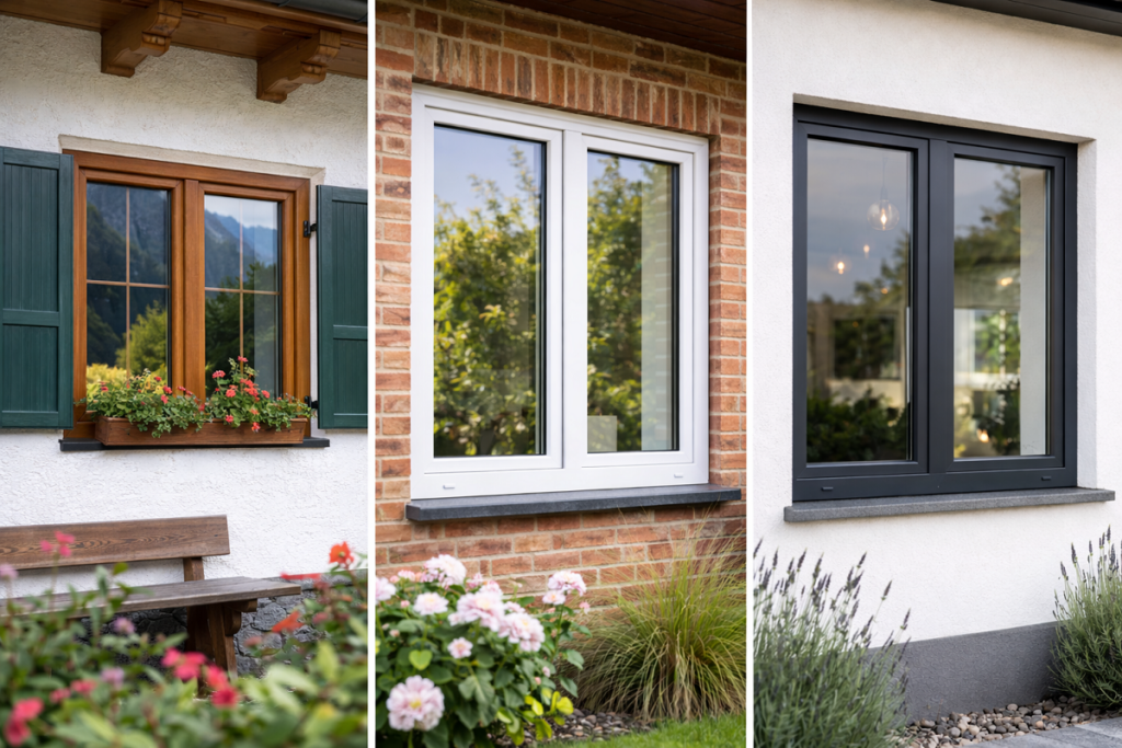 Wohnhäuser mit unterschiedlichen Fensterformen und Fensterfarben